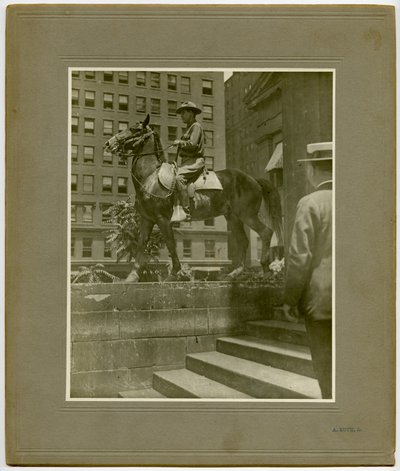 Mann in Uniform des Ersten Weltkriegs auf einem Pferd auf den Stufen des Alten Gerichtsgebäudes von A. Ruth